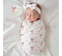 Shein Set de 3 piezas con envoltura de muselina estampada con moño, diadema y tarjetas de anuncio de nacimiento "Hola mundo" para recién nacidos, accesorios