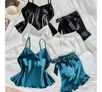 Shein Set de 3 piezas con trajes de imitación de seda con diseño de volantes de color contrastante