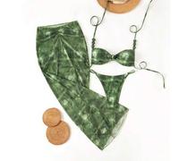 Shein Set de 3 piezas de bikini asimétrico con estampado aleatorio de primavera y verano, color café, con decoración de perlas, top bandeau, Bottom y falda