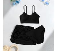 Shein Set de 3 piezas de bikini de unicolor para adolescentes, adecuado para vacaciones en la playa, trajes de baño negros para niñas