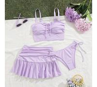 Shein Set de 3 piezas de bikini de vacaciones de verano para fiesta en la playa, con falda corta fruncida de onda o volantes, almohadillas desmontables y ti