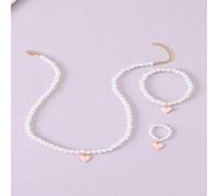 Shein Set de 3 piezas de collar, pulsera y anillo para niñas con cuentas con forma de corazón y perlas