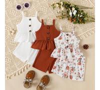 Shein Set de 3 piezas de conjunto de ropa de playa para niña bebé con Top sin mangas acanalada y gráfica, y shorts holgados de cintura elástica, para primav