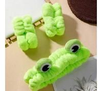 Shein Set de 3 piezas de diadema y muñequera para la ducha con diseño de rana de dibujos animados en verde, diadema y diadema de amarre, set de lavado facia