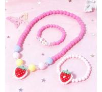 Shein Set de 3 piezas de joyería con cuentas que incluye pulsera, brazalete y collar con colgantes de fresa, dados y corazón, adecuado para niñas para uso d