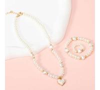 Shein Set de 3 piezas de joyería para niñas con collar, pulsera y anillo con cuentas de perlas blancas con colgante en forma de corazón, lindo y elegante, a