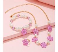 Shein Set de 3 piezas de joyería para niñas con collar, pulsera y anillo elegantes con flores y cuentas, perfecto para uso casual y como regalo