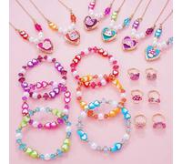 Shein Set de 3 piezas de joyería para niñas que incluye: Pulsera con cuentas con forma de corazón, collar con colgante de gato de cobre, anillo ajustable