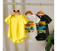 Shein Set de 3 piezas de pelele de manga corta con patrón de bloques de colores de árbol de coco para bebés niños, estilo básico, adecuado para activid