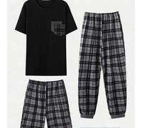 Shein Set de 3 piezas de ropa de dormir para hombre, camiseta de manga corta con bolsillo, pantalones cortos y pantalones a cuadros clásicos, pijama casual
