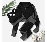 Shein Set de 3 piezas de ropa deportiva con textura de raya de tiza, que incluye: sostén con diseño cruzado, chaqueta con orificio para el pulgar y leggings