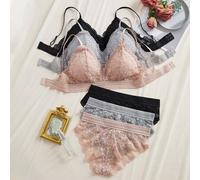 Shein Set de 3 piezas de sujetador con cuello en V francés de unicolor con detalles de encaje floral desmontable y acolchado, sujetador con copa suave y tra