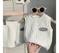 Shein Set de 3 piezas de top y pantalones cortos deportivos informales con patrón de letras recortadas para bebés niños, para primavera/verano, incluye bols