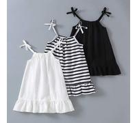 Shein Set de 3 piezas de vestidos de verano para niña bebé, que incluye un vestido de unicolor y un vestido a rayas con tirantes, adecuado para uso casual d