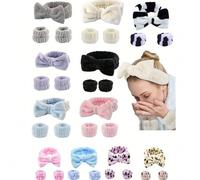 Shein Set de 3 piezas Diadema y Muñequera, que incluye: Diadema para limpieza facial, Diadema con lazo + Muñequera, Muñequera absorbente, Diadema de spa reu