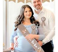 Shein Set de 3 piezas: Faja de maternidad de lino con estampado de oso, alfileres de solapa de maternidad y paternidad, decoración de fiesta de baby shower,