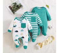 Shein Set de 3 piezas Mono de bebé niño con estampado de dinosaurio y rayas, mono todo en uno, adecuado para todas las estaciones