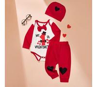 Shein Set de 3 piezas para bebé niño: body de manga larga con texto "My First Valentine", pantalones y gorro. Conjunto casual de uso diario, adecuado para s