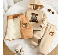 Shein Set de 3 piezas para bebé niño que incluye sudadera con capucha forrada térmica, top de punto, pantalón jogger y chaleco acolchado, con diseño lindo d