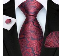 Shein Set de 3 piezas para hombres que incluye corbata de 8 cm con estampado paisley color burdeos, pañuelo de bolsillo a juego y gemelos, de alta calidad,