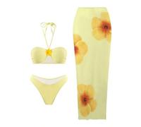 Shein Set de 3 piezas: Top de bikini con corte halter y amarres, Bottom de bikini de triángulo de cintura alta y falda con estampado floral para mujer