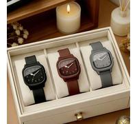 Shein Set de 3 relojes de cuarzo de mujer con esfera cuadrada vintage, que incluye correas de silicona negra, marrón y gris. La esfera presenta un diseño nu