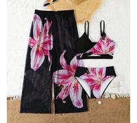 Shein Set de 3 trajes de baño con estilo europeo y americano con estampado, estampado de flores de lirio, para vacaciones en la playa