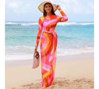 Shein Set de 3 trajes de baño modestos de mujer con estampado geométrico multicolor para vacaciones de verano en la playa