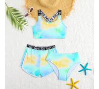 Shein Set de 3 trajes de baño para niñas con diseño de lazo y teñido anudado (diseño impreso al azar)