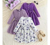 Shein Set de 3 vestidos casuales de otoño/invierno para niñas, de unicolor con detalle de botones, estampado floral, manga larga, elegante y de moda para ni