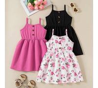 Shein Set de 3 vestidos casuales para niñas jóvenes que incluyen: vestidos con estampado floral y de un solo color, con tirantes