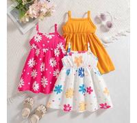 Shein Set de 3 vestidos de niña pequeña de estilo campestre, que incluye un vestido de tirantes con estampado floral y un vestido de un solo color, para el