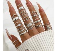 Shein Set de 30 anillos de moda, incluye anillos sencillos con cristal, estrella de mar, trébol, ojo del diablo, anillos geométricos bohemios