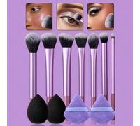 Shein Set de 4/7/11 piezas de brochas de maquillaje premium - Sombra de ojos, rubor, contorno, brocha para nariz para principiantes + esponja suave para mez
