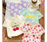 Shein Set de 4 camisetas de manga corta con cuello redondo para niña, con estampados de frutas y flores en una paleta de colores de dopamina de lavanda, ver