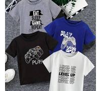 Shein Set de 4 camisetas de manga corta de cuello redondo con estampado de consola de videojuegos, mando y eslogan de juego, para niños, adecuadas para prim
