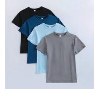Shein Set de 4 camisetas de manga corta de cuello redondo para niños, combinación de varios colores, casual y cómoda, suave y transpirable, adecuada para us