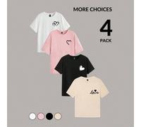 Shein Set de 4 camisetas holgadas de mujer de manga corta, cuello redondo, con patrón minimalista de corazón, ligeramente transparentes, adecuadas para prim