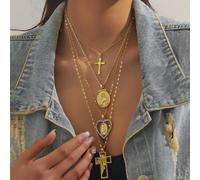 Shein Set de 4 collares colgantes de estilo europeo y americano dorado, diseño combinable con formas de Jesús hueco, cruz, corazón y Virgen María. Cadenas m