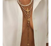Shein Set de 4 collares con baño de oro de 14k, de múltiples capas con cuentas, cruz y Virgen María, adecuado para vacaciones, oración y bautizo