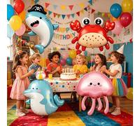 Shein Set de 4 globos de animales marinos, decoración de fiesta del mundo submarino - Tiburón pirata, ballena, medusa, cangrejo, globos de lámina, adecuados