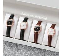 Shein Set de 4 piezas con reloj de cuarzo de esfera cuadrada petite clásica para mujer y combinación de elegante correa de piel, no incluye caja de reloj