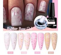 Shein Set de 4 piezas de esmalte de uñas de gel con base de goma y purpurina, 7ml, con escamas de purpurina rosa y dorada, gel de construcción autonivelante