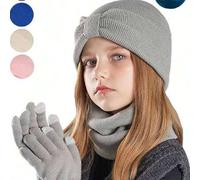 Shein Set de 4 piezas de gorro, guantes y bufanda de invierno para niños de 3 a 8 años, gorros de punto, guantes sin dedos y bufanda para niñas y niños pequ