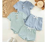 Shein Set de 4 piezas de pelele y pantalones cortos a rayas azules de verano para bebé recién nacido niño/niña, adecuado para usar en casa y salir