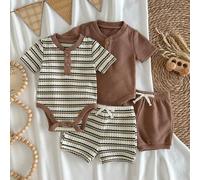 Shein Set de 4 piezas de pelele y pantalones cortos de punto a rayas de verano para bebé recién nacido niño/niña, casual y cómodo
