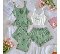 Shein Set de 4 piezas de pijama para mujer, conjunto de camiseta y short que se ajusta a la figura con estampado de corazones lindos