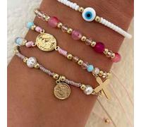 Shein Set de 4 piezas de pulsera elegante con cuentas de color dorado CCB en forma de cruz y colgante de la Virgen María, con cuentas de cristal multicapa y