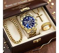 Shein Set de 4 piezas de relojes casuales de negocios de moda para hombres, reloj de cuarzo con esfera grande y correa de acero redonda, incluye pulsera per