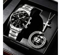 Shein Set de 4 piezas de relojes casuales de negocios de moda para hombres, reloj de cuarzo con esfera grande y correa de acero redonda, incluye pulsera per